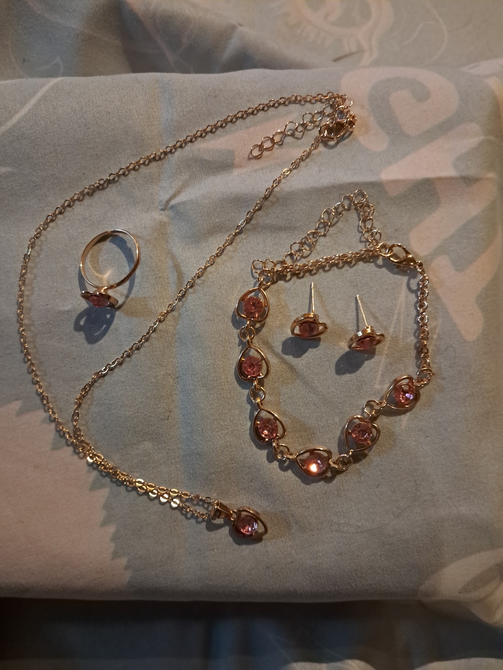 Gold-Tone Pink Crystal Jewelry Set — Necklace, Bracelet, Earrings, Ring
